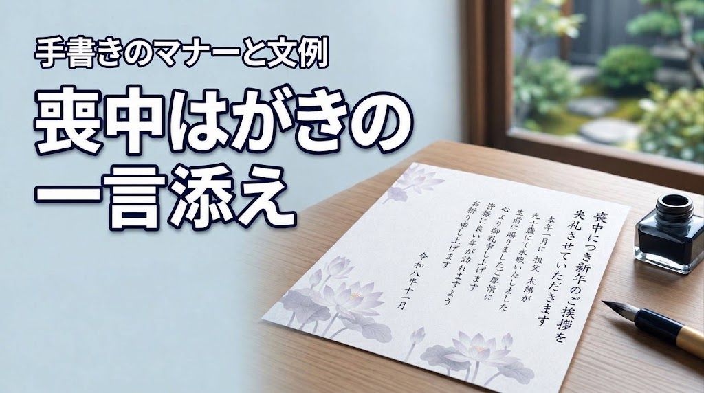 喪中はがきに手書きの一言添えはマナー違反？失礼のない書き方と文例を解説（記事のアイキャッチ画像）
