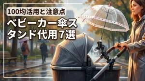 ベビーカー用傘スタンドの代用グッズ7選！100均で安く済ませる方法と注意点（記事のアイキャッチ画像）