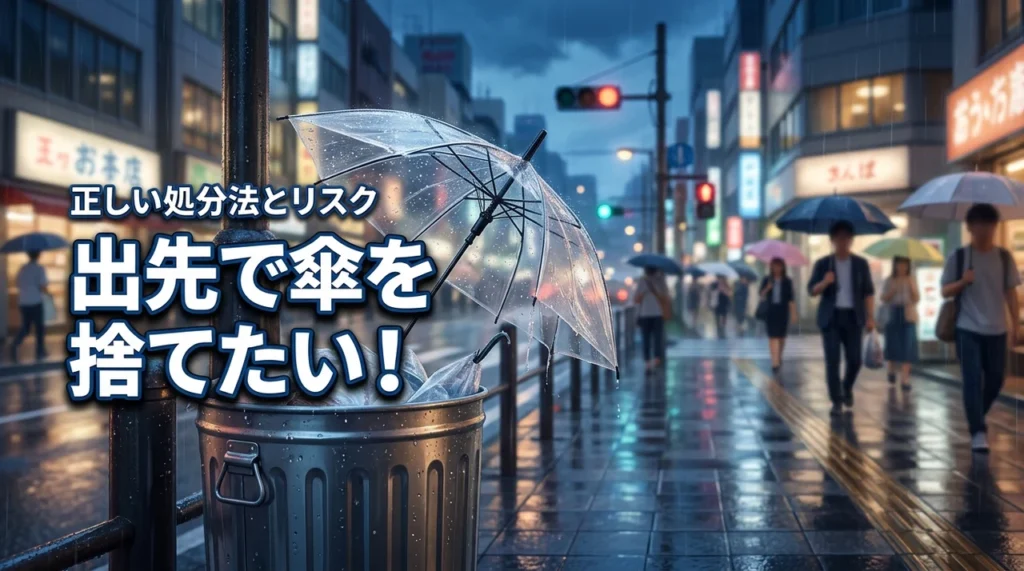 傘を捨てたいが出先で困っている人へ!ゴミ箱ポイ捨てのリスクと正しい解決法(記事のアイキャッチ画像)